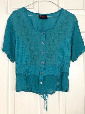 Vintage Fabulous Blue Renaissance Blouse Boho Embroidered One size